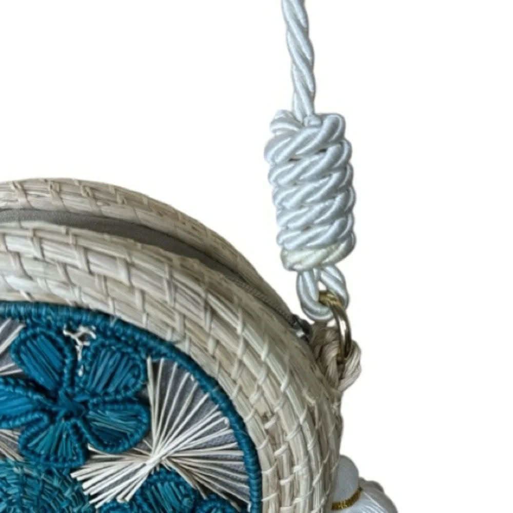 Boho Round Woven Crossbody Bag with Tassels | Teal Embroidery